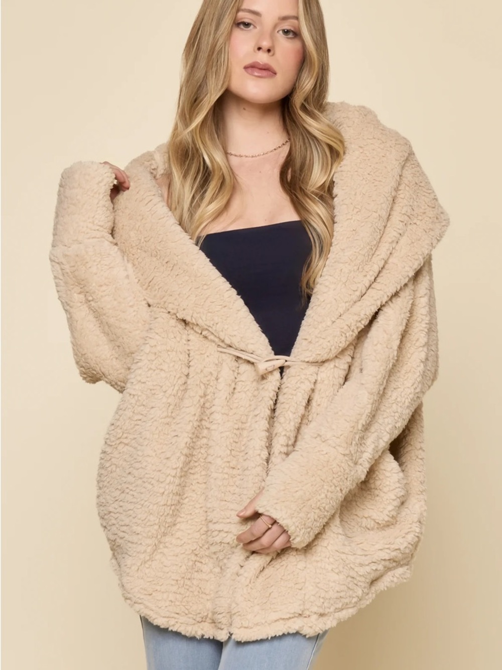 POPFLEX Faux Sherpa Cocoon Coat Taupe - Size XXS/XS